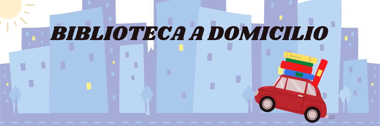 banner Biblioteca a domicilio: una macchina carica di libri che viaggia in città