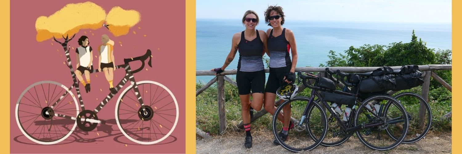 copertina del libro e immagini delle due cicliste autrici del libro