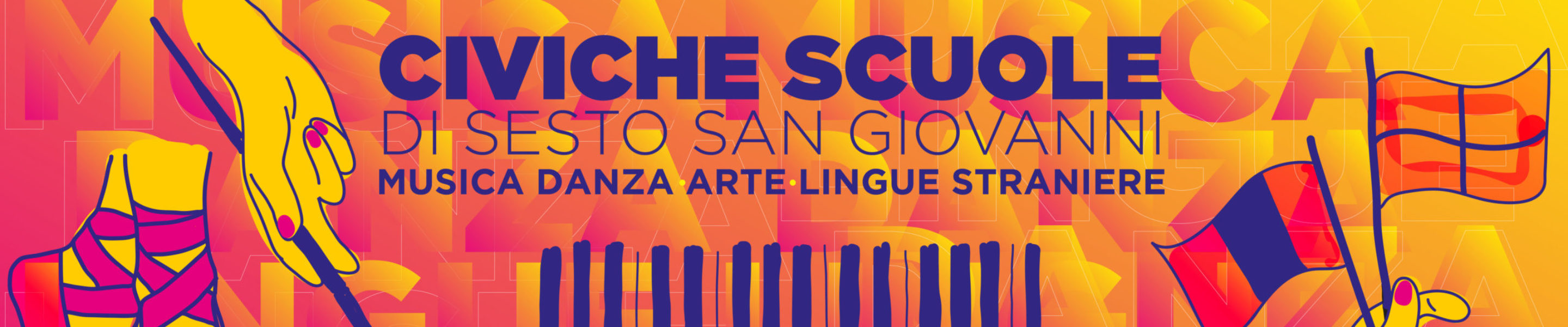 banner con immagini di danza, canto, musica e lingue dei corsi delle scuole civiche di Sesto per l'anno scolastico 2024/2025