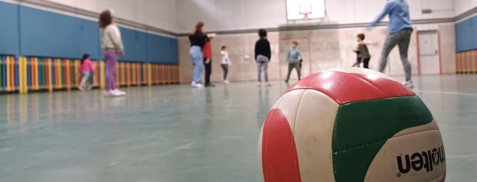 Palestra con palla di pallavola in primo piano