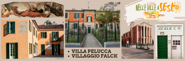 immagini della villa pelucca - affresco di Luini- case del villaggio Falck - Vhiesa Sa Giorgio alle Ferriere