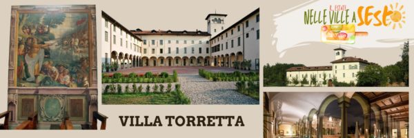 La villa Torretta: un affresco, la villa vista dal giardino, la villa vista da lontano e i portici interni