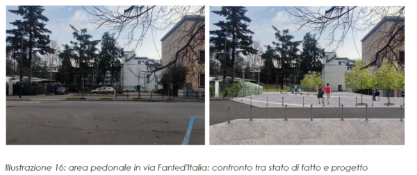 area pedonale in via Fante d'Italia confronto tra stato di fatto e progetto.png